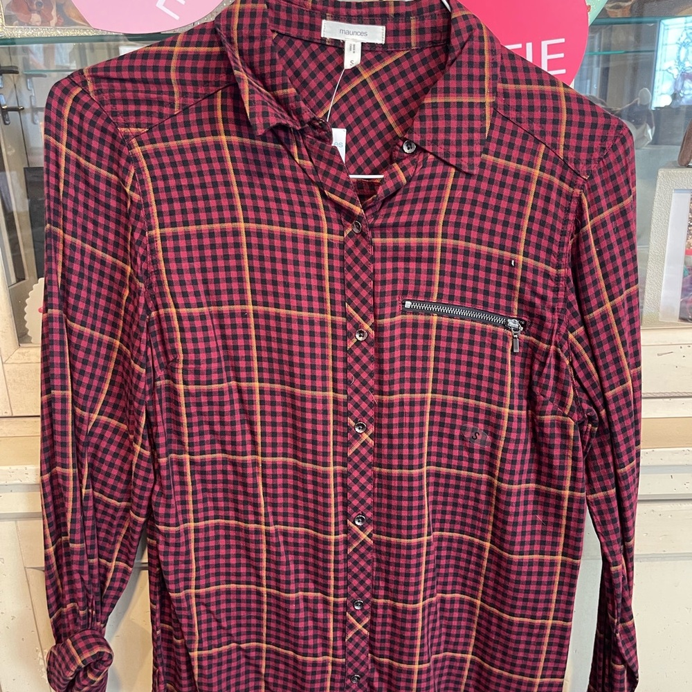 Maurices Red and Black Plaid Button-Up Top